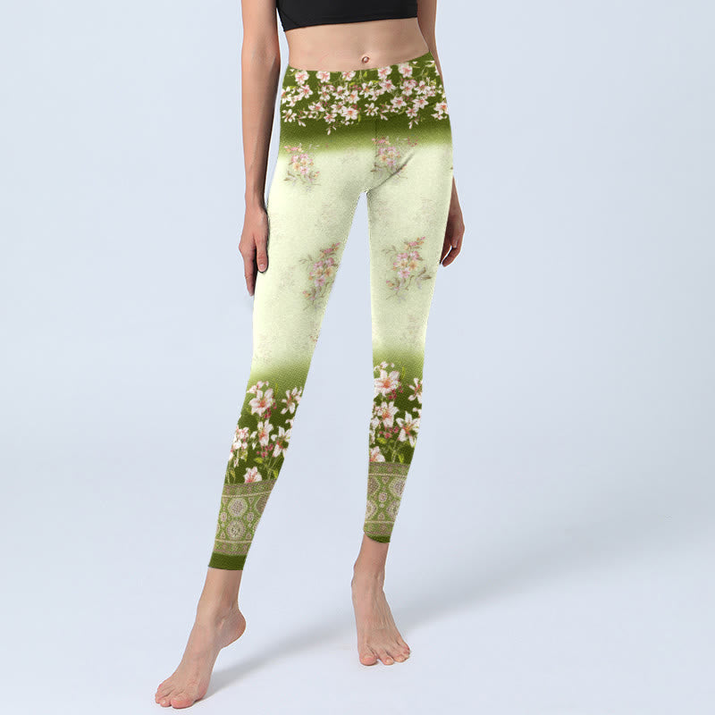 Buddha Stones Pink Flowers Green Leaves Print Gym Leggings Women's Yoga Pants - image 5