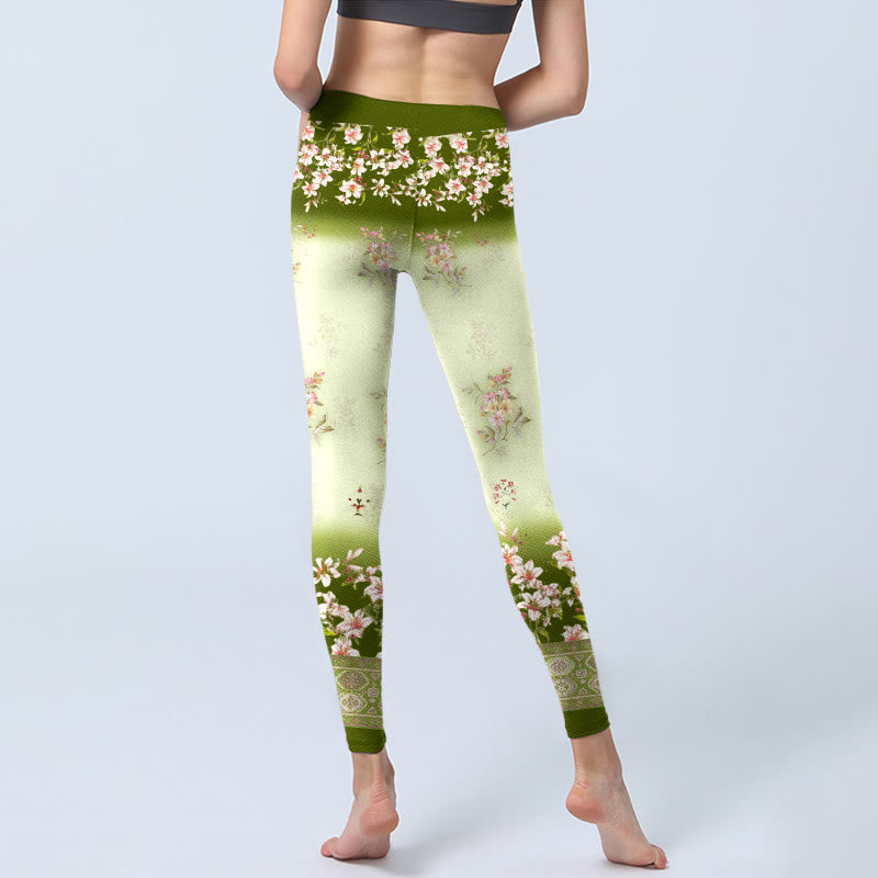 Buddha Stones Pink Flowers Green Leaves Print Gym Leggings Women's Yoga Pants - image 6