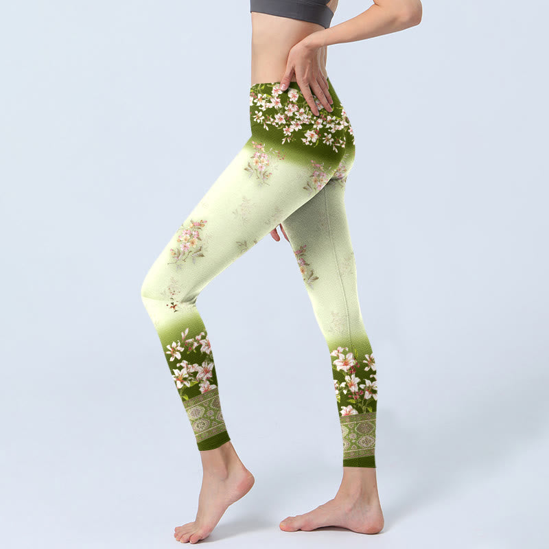 Buddha Stones Pink Flowers Green Leaves Print Gym Leggings Women's Yoga Pants - image 2