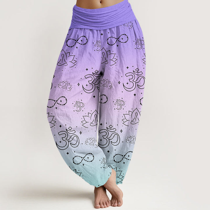 Buddha Stones Cotton OM Symbol Lotus Meditating Figure Infinity Pattern Women's Elastic Waist Harem Pants - SlateBlue - US22，UK/AU26，EU54 (6XL) - image 0
