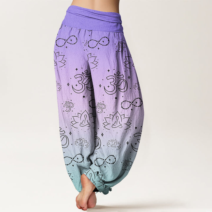 Buddha Stones Cotton OM Symbol Lotus Meditating Figure Infinity Pattern Women's Elastic Waist Harem Pants - image 1