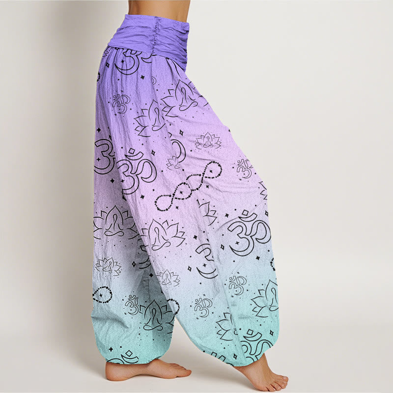 Buddha Stones OM Symbol Lotus Meditating Figure Infinity Pattern Women's Elastic Waist Harem Pants - image 2