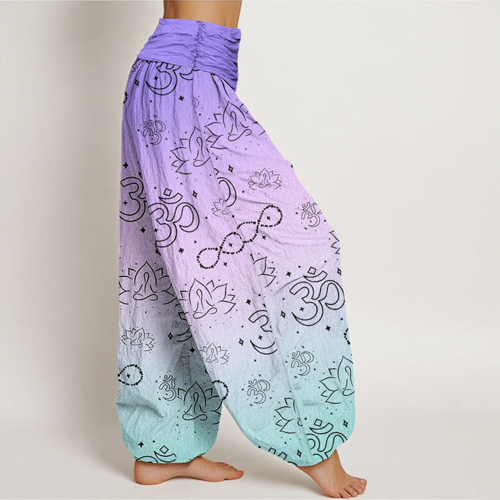 Buddha Stones OM Symbol Lotus Meditating Figure Infinity Pattern Women's Elastic Waist Harem Pants - image 2