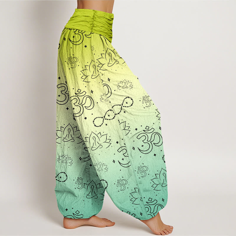 Buddha Stones Cotton OM Symbol Lotus Meditating Figure Infinity Pattern Women's Elastic Waist Harem Pants - image 6