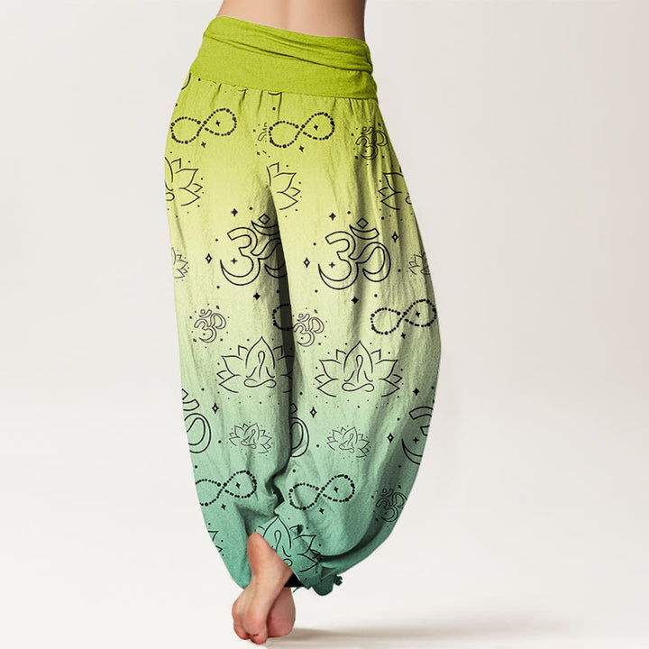 Buddha Stones OM Symbol Lotus Meditating Figure Infinity Pattern Women's Elastic Waist Harem Pants - image 5