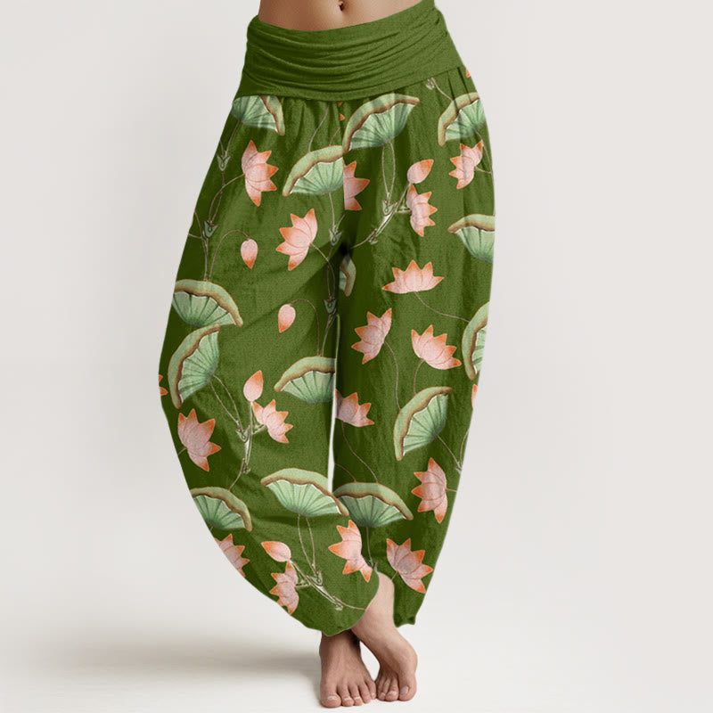 Buddha Stones Pink Lotus Flowers Lush Green Leaves Pattern Women's Elastic Waist Harem Pants - OliveDrab - US22，UK/AU26，EU54 (6XL) - image 0