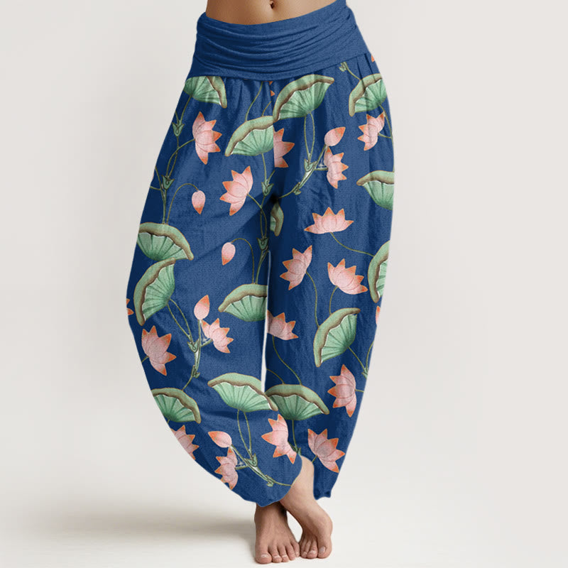 Buddha Stones Cotton Pink Lotus Flowers Lush Green Leaves Pattern Women's Elastic Waist Harem Pants - SteelBlue - US22，UK/AU26，EU54 (6XL) - image 7