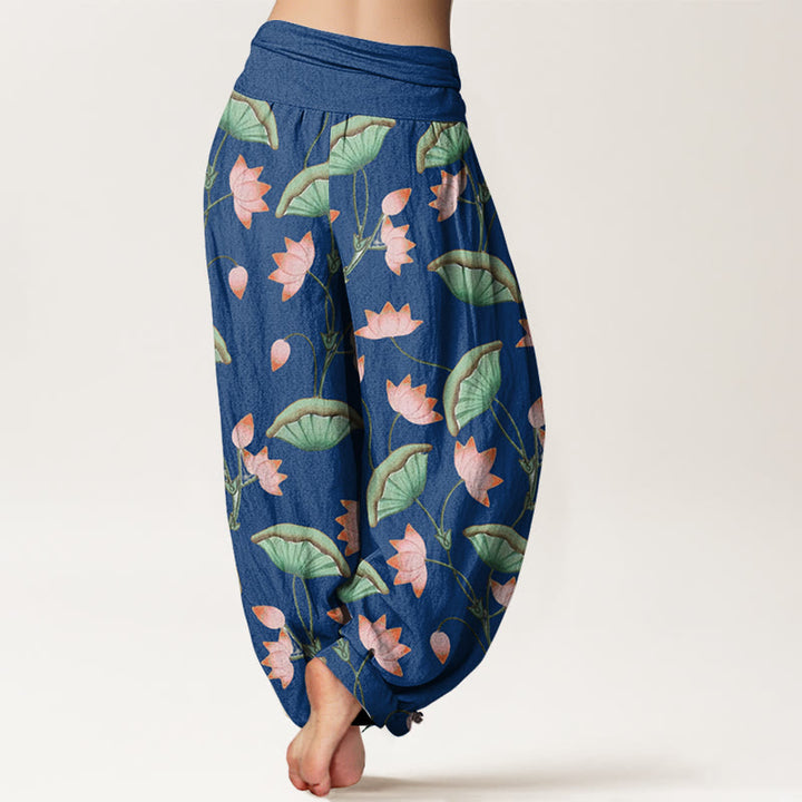 Buddha Stones Cotton Pink Lotus Flowers Lush Green Leaves Pattern Women's Elastic Waist Harem Pants - image 8