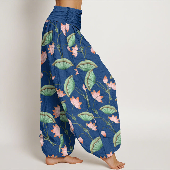 Buddha Stones Pink Lotus Flowers Lush Green Leaves Pattern Women's Elastic Waist Harem Pants - image 9