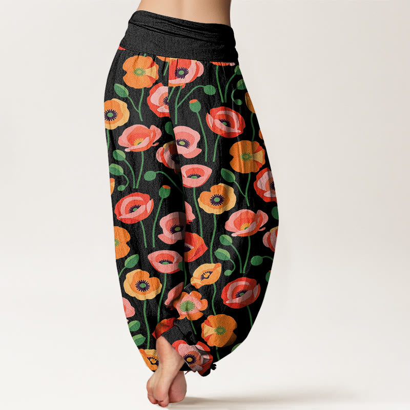 Buddha Stones Red Orange Flowers Pattern Women's Elastic Waist Harem Pants - image 1