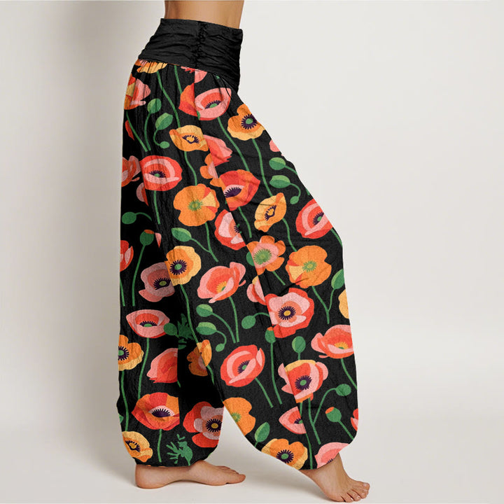 Buddha Stones Red Orange Flowers Pattern Women's Elastic Waist Harem Pants - image 2
