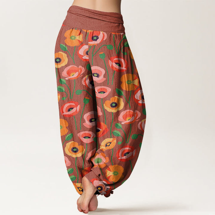 Buddha Stones Red Orange Flowers Pattern Women's Elastic Waist Harem Pants - image 5