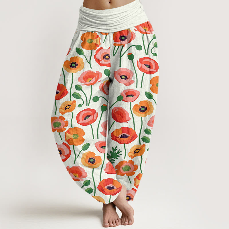 Buddha Stones Cotton Red Orange Flowers Pattern Women's Elastic Waist Harem Pants - Beige - US22，UK/AU26，EU54 (6XL) - image 7