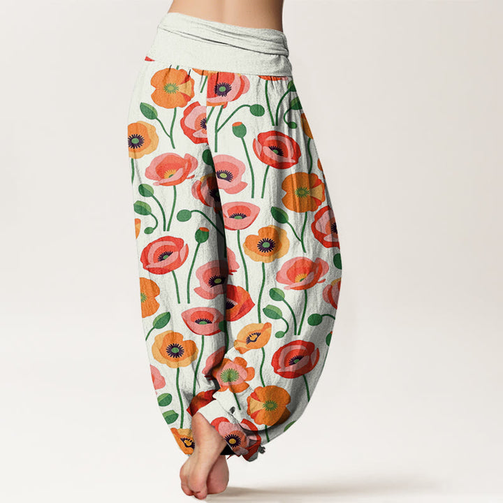 Buddha Stones Cotton Red Orange Flowers Pattern Women's Elastic Waist Harem Pants - image 8