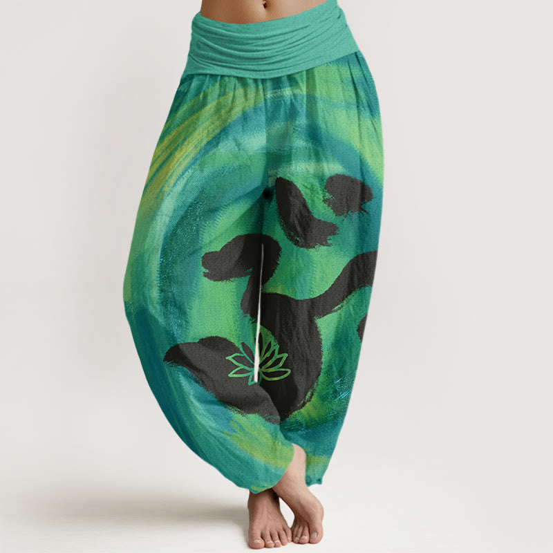 Buddha Stones OM Symbol Lotus Flower Pattern Women's Elastic Waist Harem Pants - LightSeaGreen - US22，UK/AU26，EU54 (6XL) - image 0
