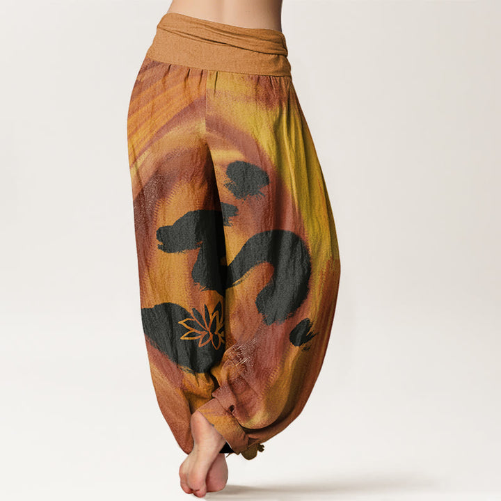 Buddha Stones OM Symbol Lotus Flower Pattern Women's Elastic Waist Harem Pants - image 6