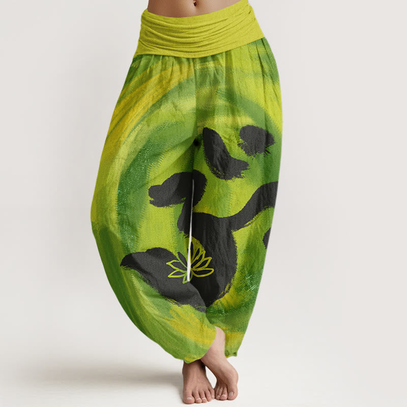 Buddha Stones OM Symbol Lotus Flower Pattern Women's Elastic Waist Harem Pants - YellowGreen - US22，UK/AU26，EU54 (6XL) - image 8