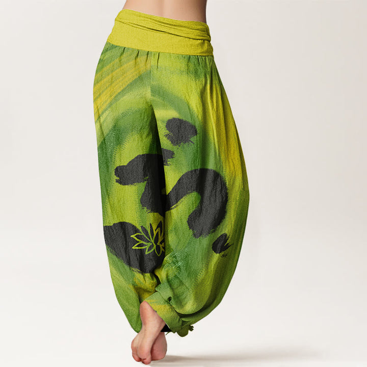 Buddha Stones OM Symbol Lotus Flower Pattern Women's Elastic Waist Harem Pants - image 9
