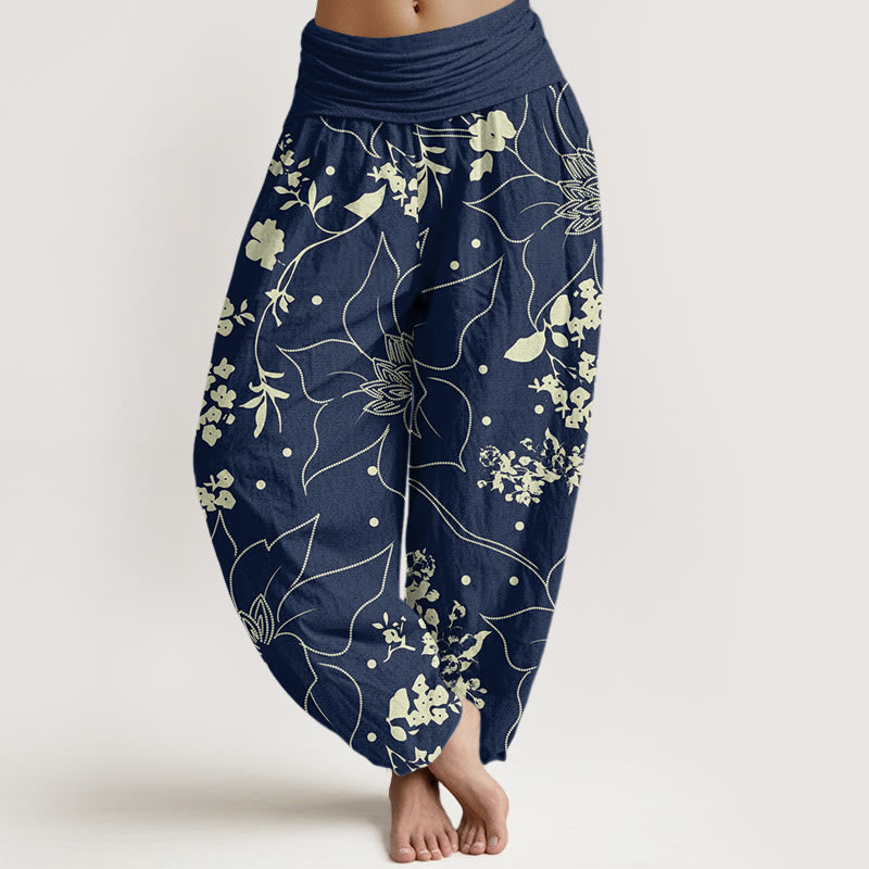 Buddha Stones Cotton Beige Large Petal Flowers Blossoms Pattern Women's Elastic Waist Harem Pants - SteelBlue - US22，UK/AU26，EU54 (6XL) - image 0