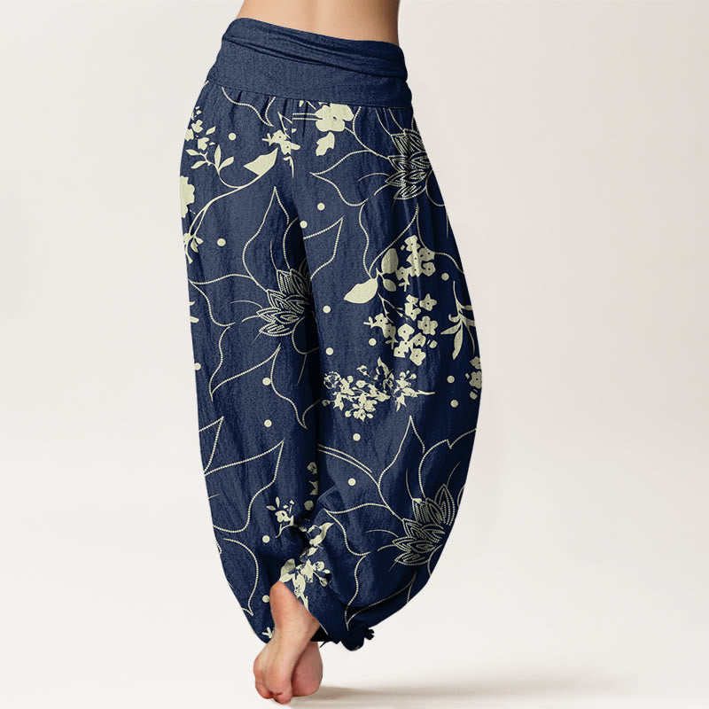 Buddha Stones Cotton Beige Large Petal Flowers Blossoms Pattern Women's Elastic Waist Harem Pants - image 1