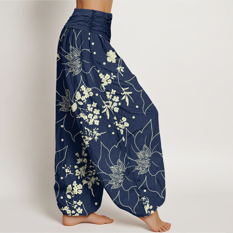 Buddha Stones Beige Large Petal Flowers Blossoms Pattern Women's Elastic Waist Harem Pants - image 2