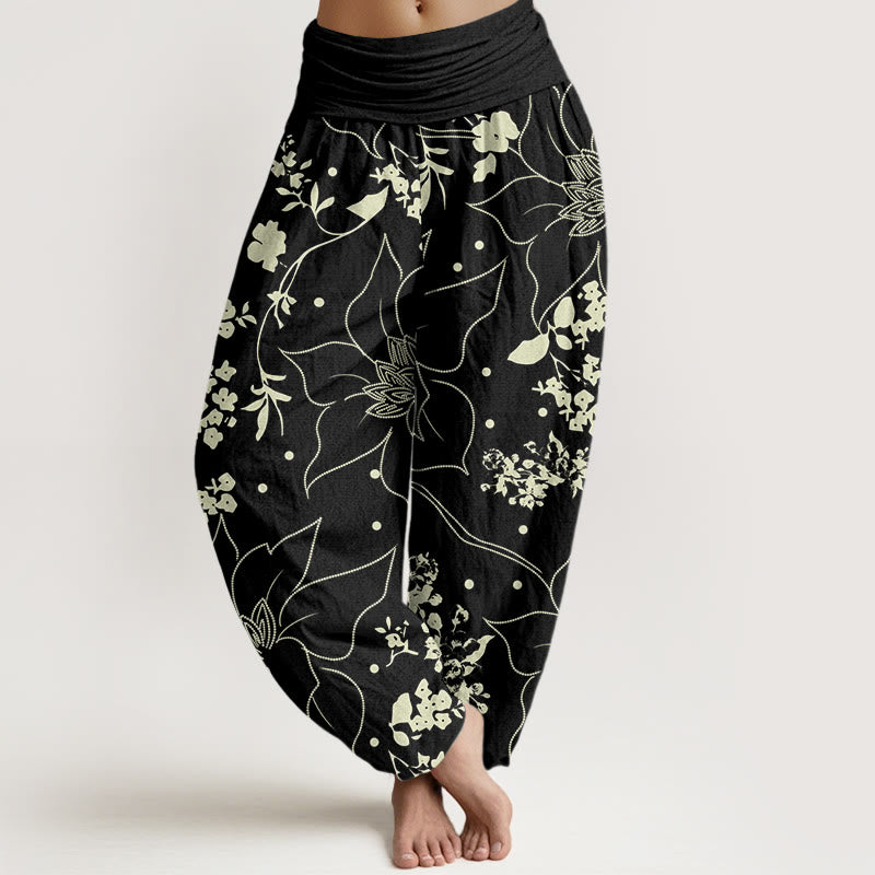 Buddha Stones Cotton Beige Large Petal Flowers Blossoms Pattern Women's Elastic Waist Harem Pants - Black - US22，UK/AU26，EU54 (6XL) - image 4