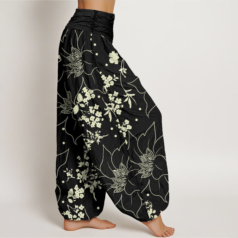 Buddha Stones Beige Large Petal Flowers Blossoms Pattern Women's Elastic Waist Harem Pants - image 6
