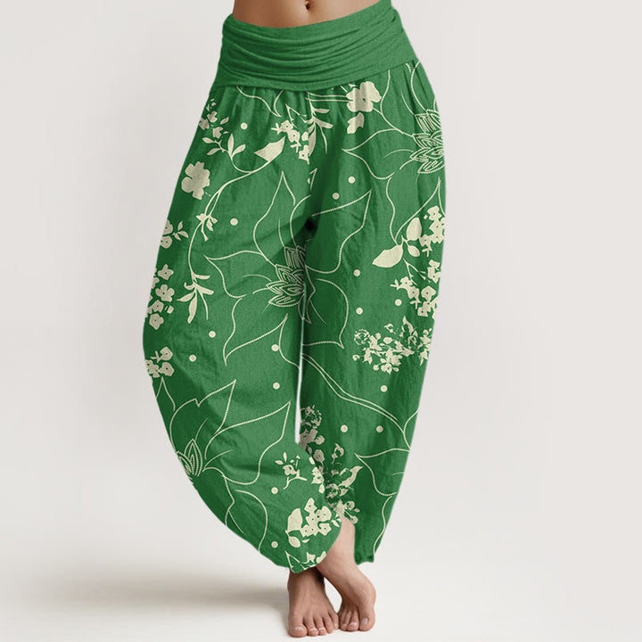 Buddha Stones Cotton Beige Large Petal Flowers Blossoms Pattern Women's Elastic Waist Harem Pants - SeaGreen - US22，UK/AU26，EU54 (6XL) - image 7