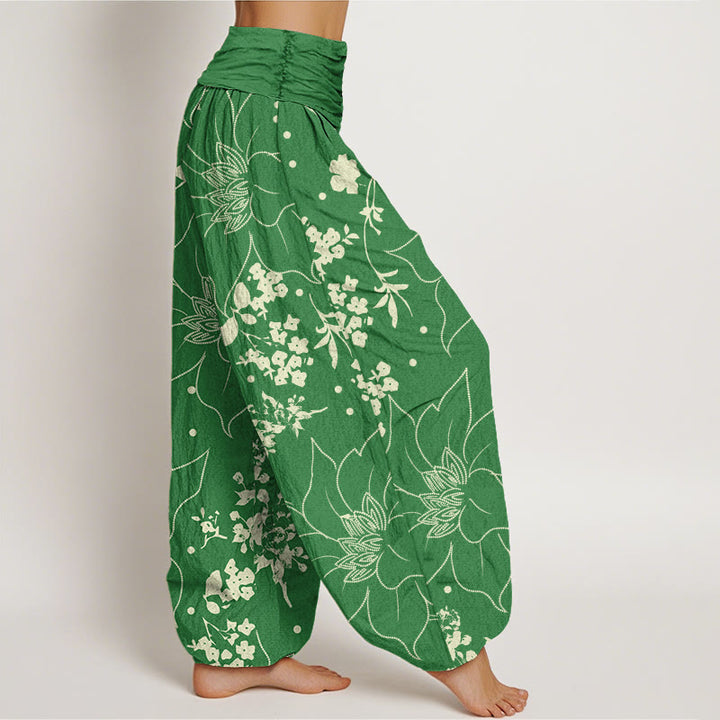 Buddha Stones Beige Large Petal Flowers Blossoms Pattern Women's Elastic Waist Harem Pants - image 9