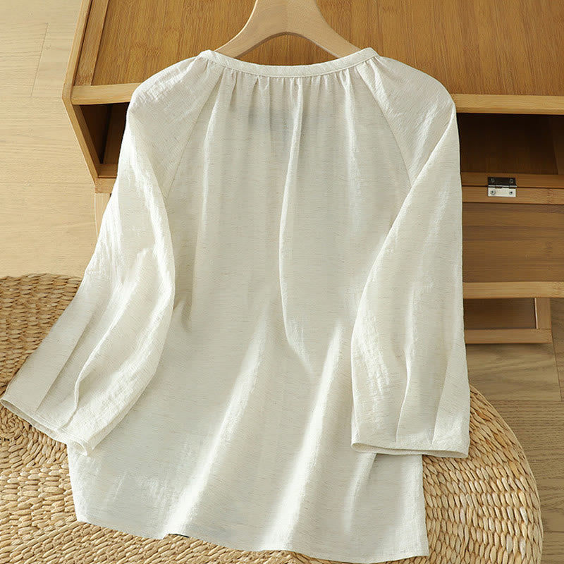 Buddha Stones White Plain Button Three Quarter Sleeve Women's Shirt - image 1