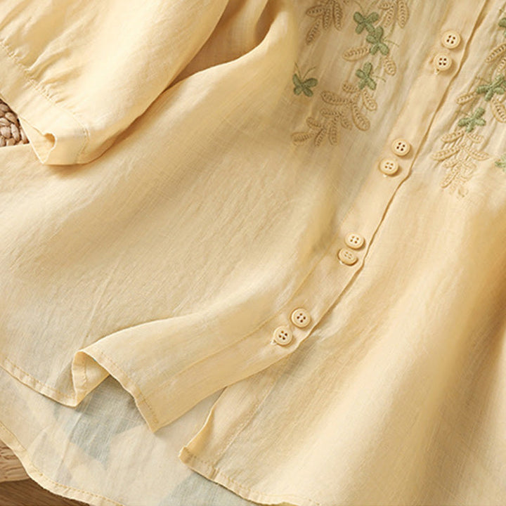 Buddha Stones Leaf Embroidery Cotton Buttons Half Sleeve Women's Shirt