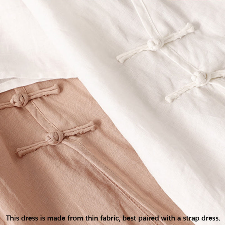 Buddha Stones Summer V-Neck Frog-Button Short Sleeve Cotton Linen Women's Midi Dress - image 10