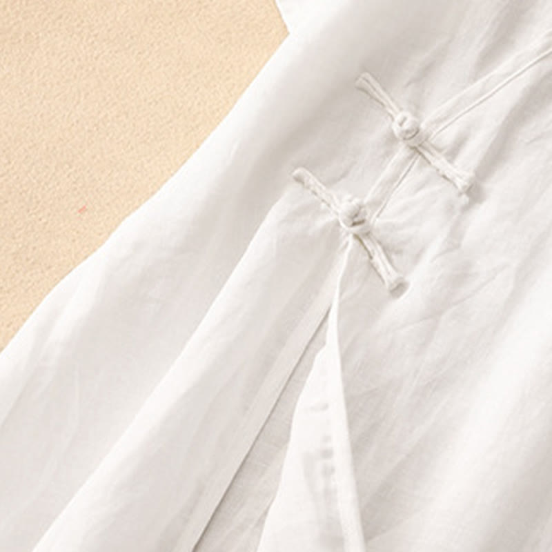 Buddha Stones Summer V-Neck Frog-Button Short Sleeve Cotton Linen Women's Midi Dress - image 15