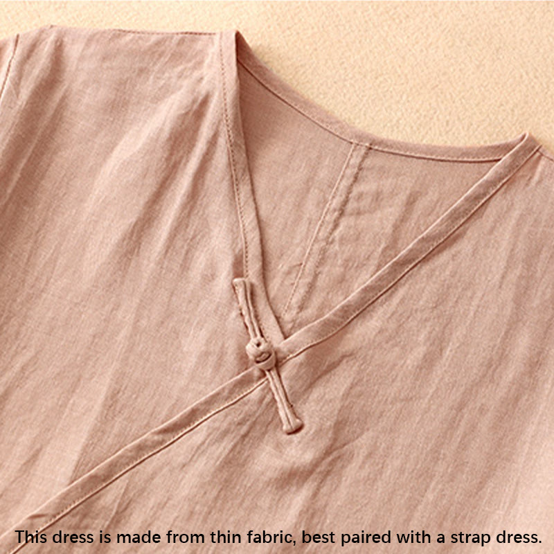 Buddha Stones Summer V-Neck Frog-Button Short Sleeve Cotton Linen Women's Midi Dress - image 2