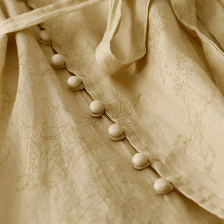 Buddha Stones Summer V-Neck Lace-up Short Sleeve Cotton Linen Women's Midi Dress With Pockets - image 7