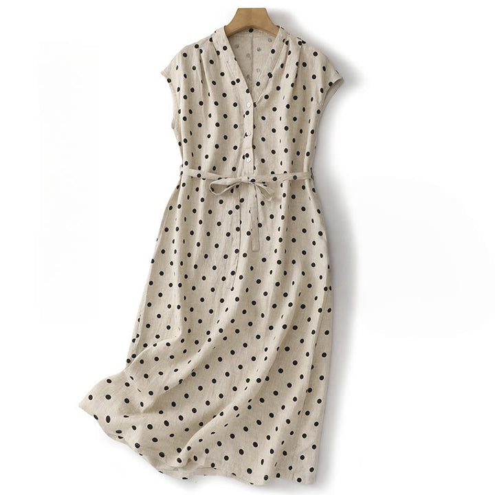 Buddha Stones Summer Polka Dot V-Neck Lace-up Cotton Linen Women's Midi Dress With Pockets - White - US14，UK/AU18，EU46 (2XL) - image 8