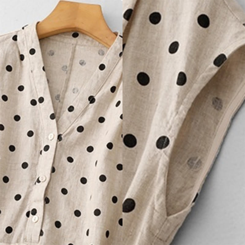 Buddha Stones Summer Polka Dot V-Neck Lace-up Cotton Linen Women's Midi Dress With Pockets - image 17