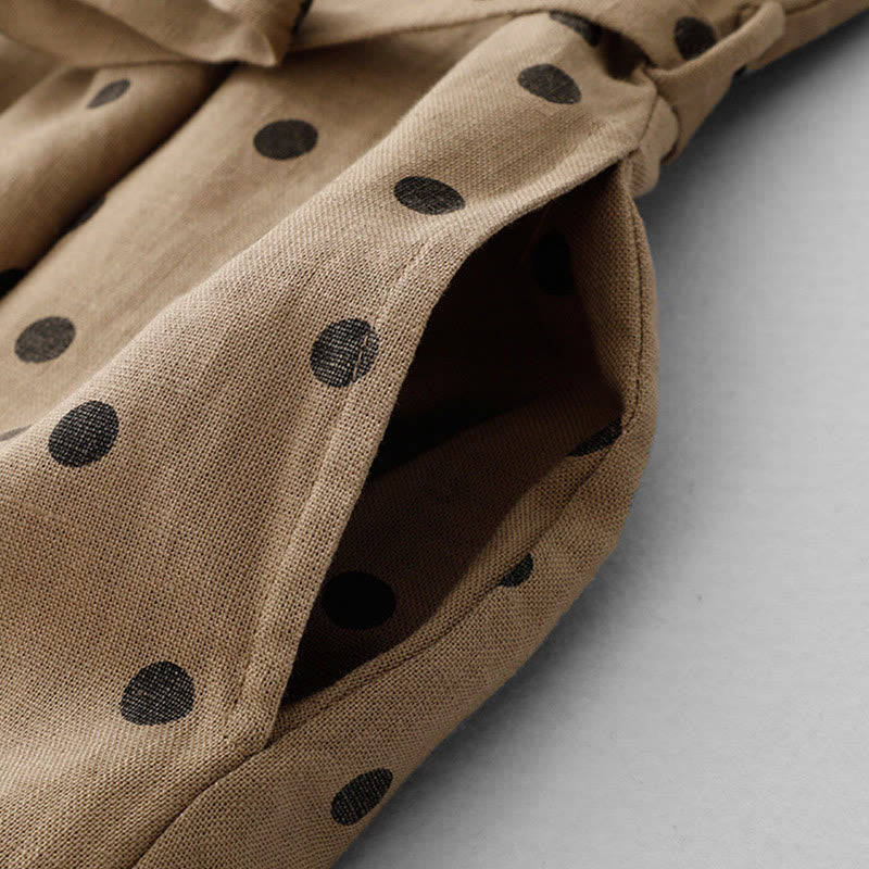 Buddha Stones Summer Polka Dot V-Neck Lace-up Cotton Linen Women's Midi Dress With Pockets - image 4