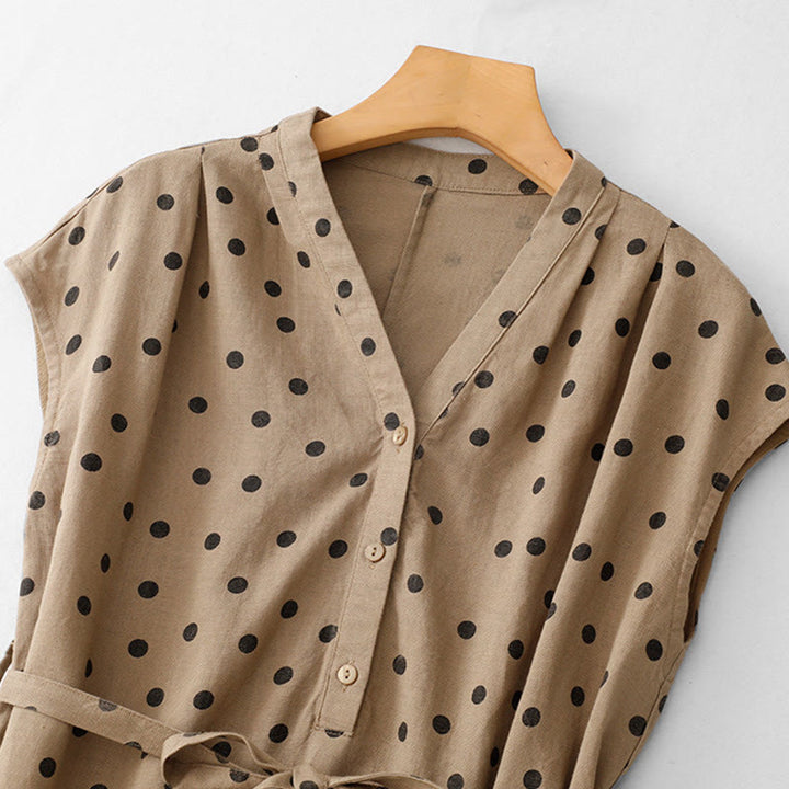 Buddha Stones Summer Polka Dot V-Neck Lace-up Cotton Linen Women's Midi Dress With Pockets - image 1