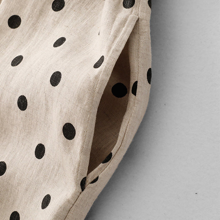 Buddha Stones Summer Polka Dot V-Neck Lace-up Cotton Linen Women's Midi Dress With Pockets