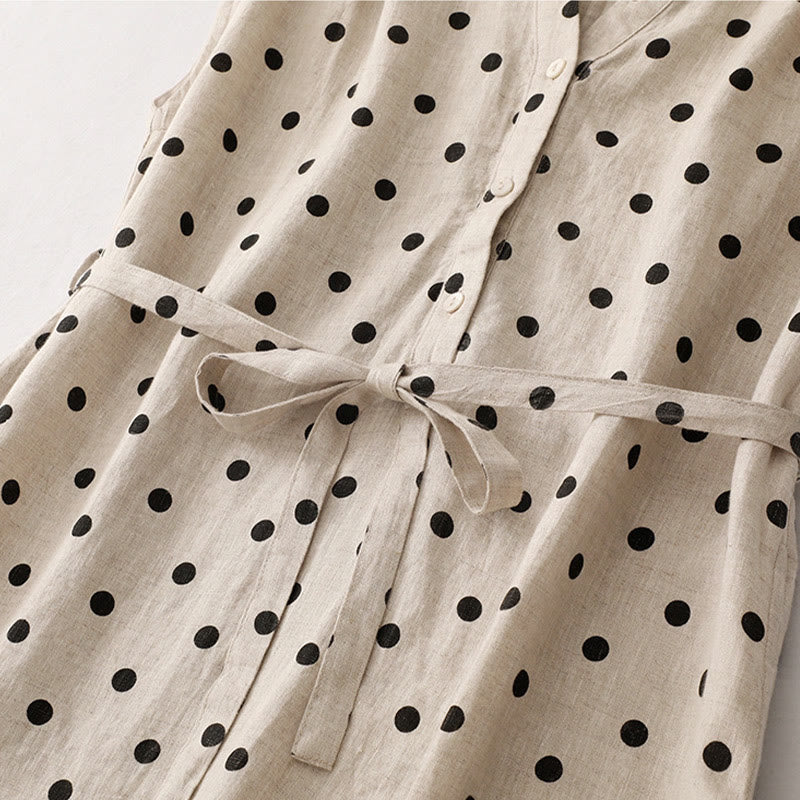 Buddha Stones Summer Polka Dot V-Neck Lace-up Cotton Linen Women's Midi Dress With Pockets