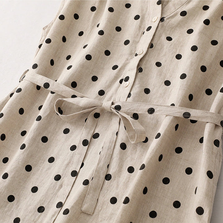 Buddha Stones Summer Polka Dot V-Neck Lace-up Cotton Linen Women's Midi Dress With Pockets