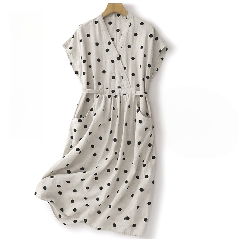 Buddha Stones Polka Dot V-Neck Lace-up Cotton Linen Women's Midi Dress With Pockets - White - US8-10，UK/AU12-14，EU40-42 (2XL) - image 8