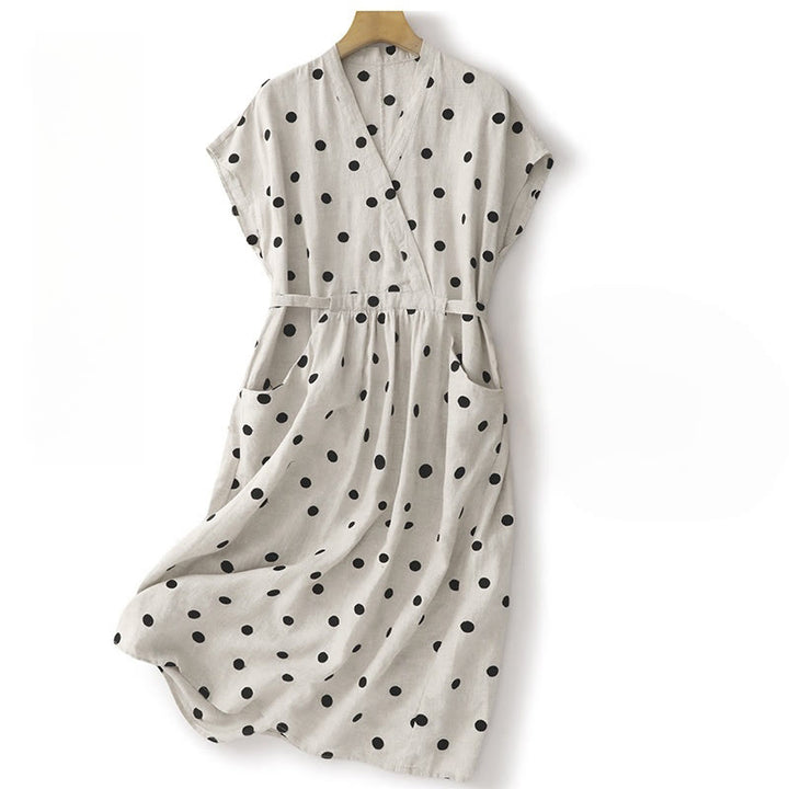 Buddha Stones Polka Dot V-Neck Lace-up Cotton Linen Women's Midi Dress With Pockets - White - US8-10，UK/AU12-14，EU40-42 (2XL) - image 8