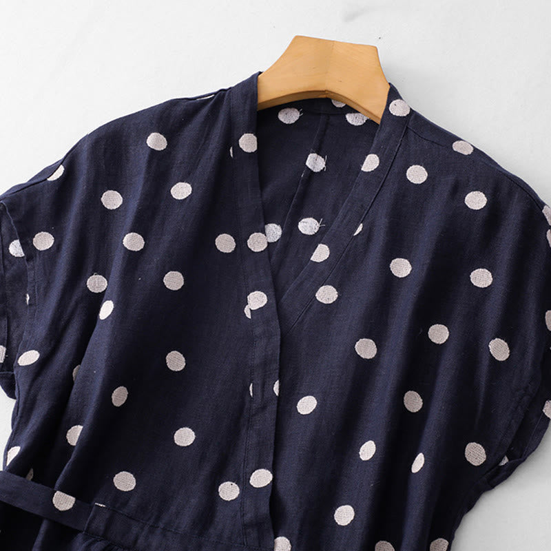 Buddha Stones Polka Dot V-Neck Lace-up Cotton Linen Women's Midi Dress With Pockets - image 1