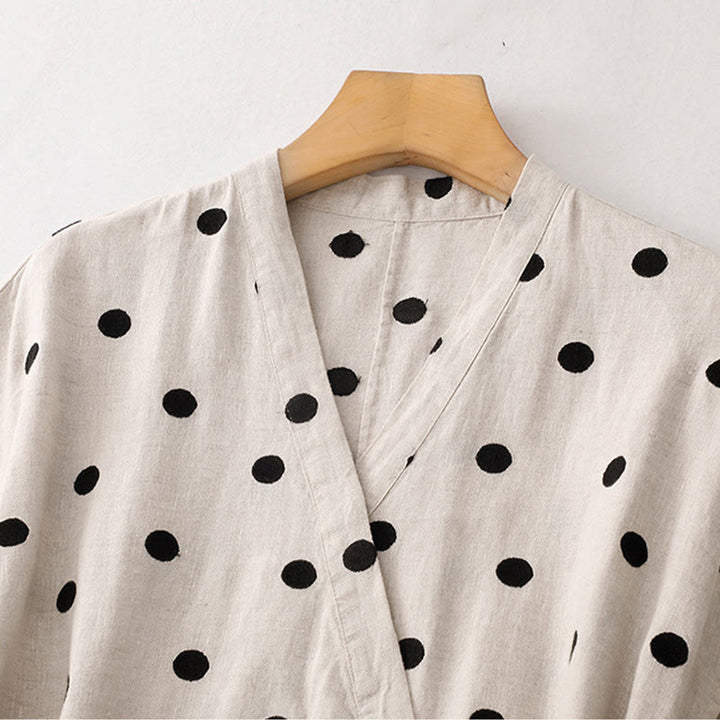 Buddha Stones Polka Dot V-Neck Lace-up Cotton Linen Women's Midi Dress With Pockets