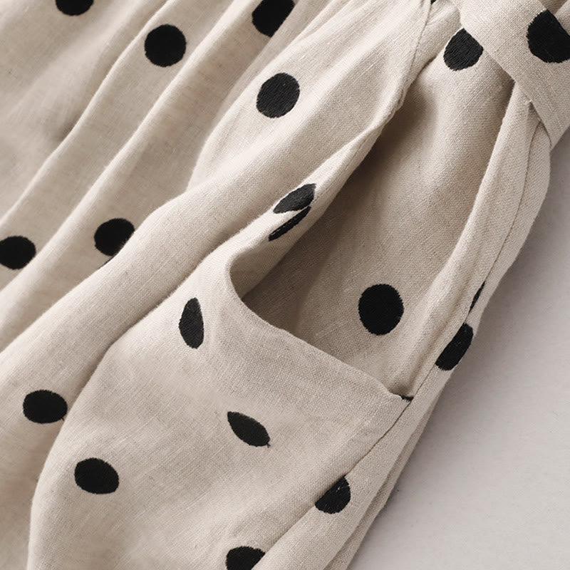 Buddha Stones Polka Dot V-Neck Lace-up Cotton Linen Women's Midi Dress With Pockets - image 13