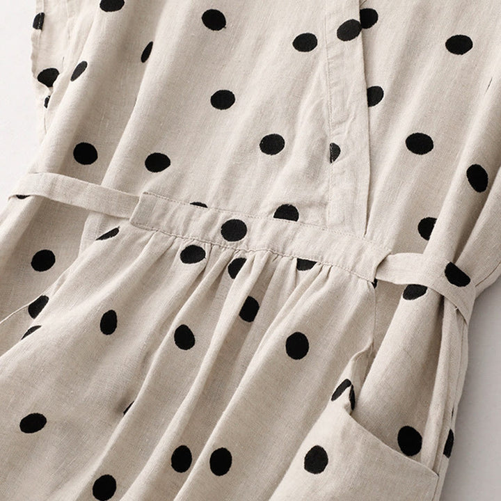 Buddha Stones Polka Dot V-Neck Lace-up Cotton Linen Women's Midi Dress With Pockets