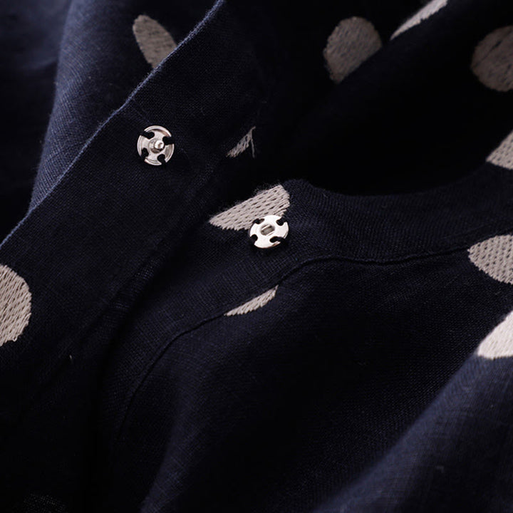 Buddha Stones Polka Dot V-Neck Lace-up Cotton Linen Women's Midi Dress With Pockets - image 4