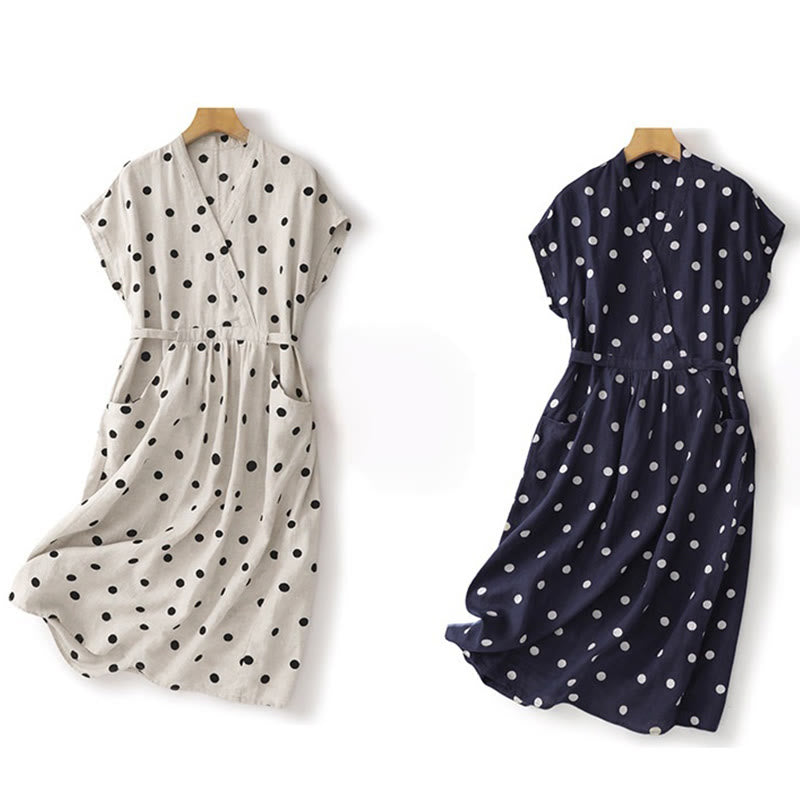 Buddha Stones Polka Dot V-Neck Lace-up Cotton Linen Women's Midi Dress With Pockets - image 19